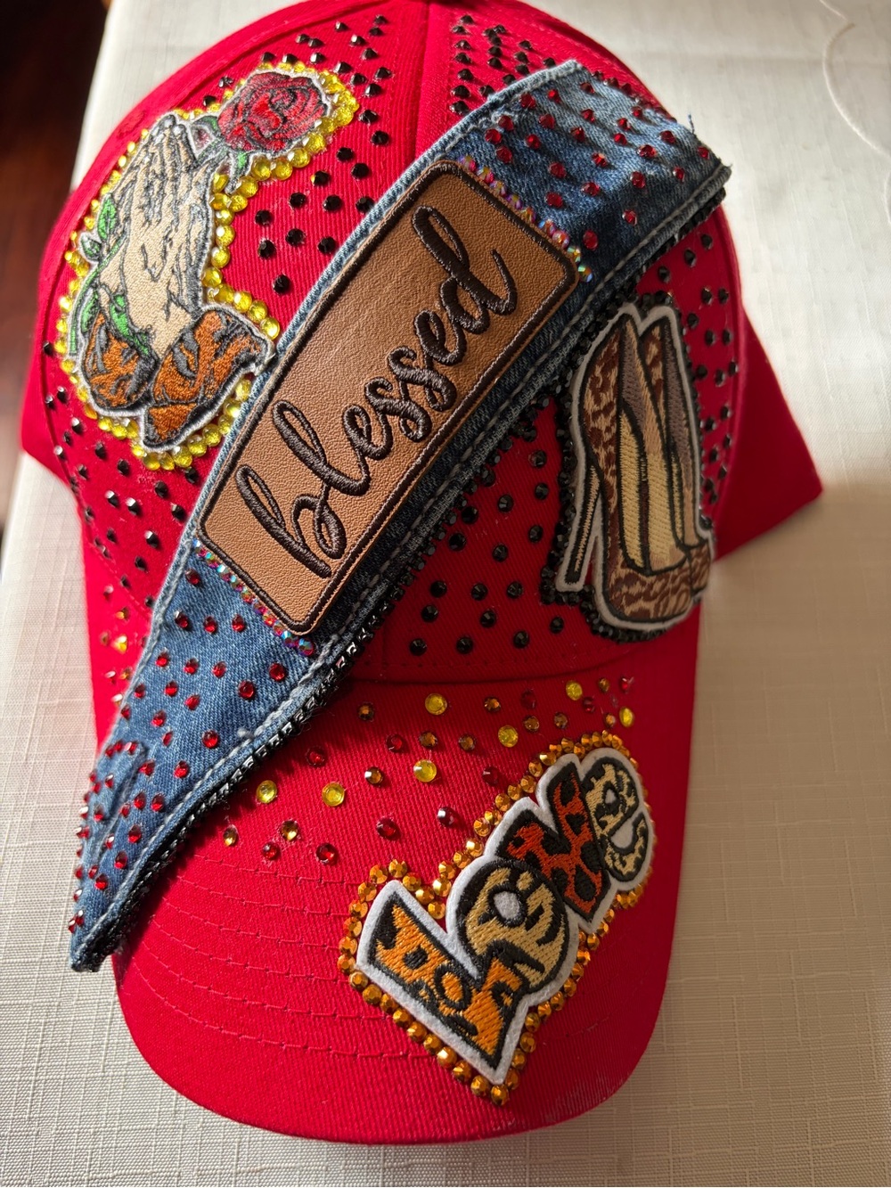 Blessed Red Embellished Women's Baseball Cap